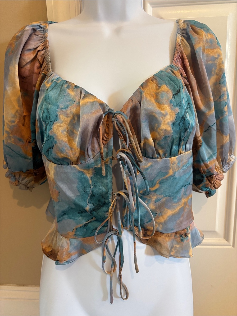 Watercolor Tie-Front Puff Sleeve Blouse in Teal & Gold